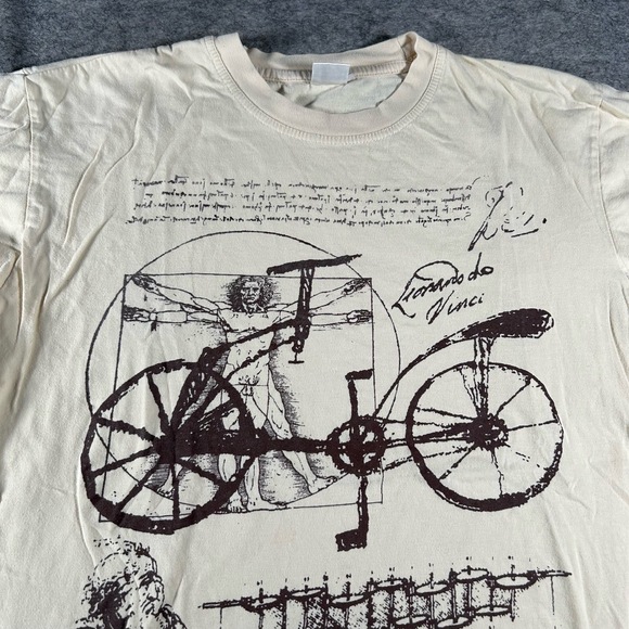 Vintage Leonardo Da Vinci Shirt Men Large Biege Short Sleeve Graphic Art 90s Y2K - Picture 2 of 7